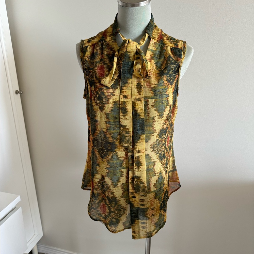 RACHEL Rachel Roy Yellow Multi-Color Tie-Neck Sleeveless Blouse